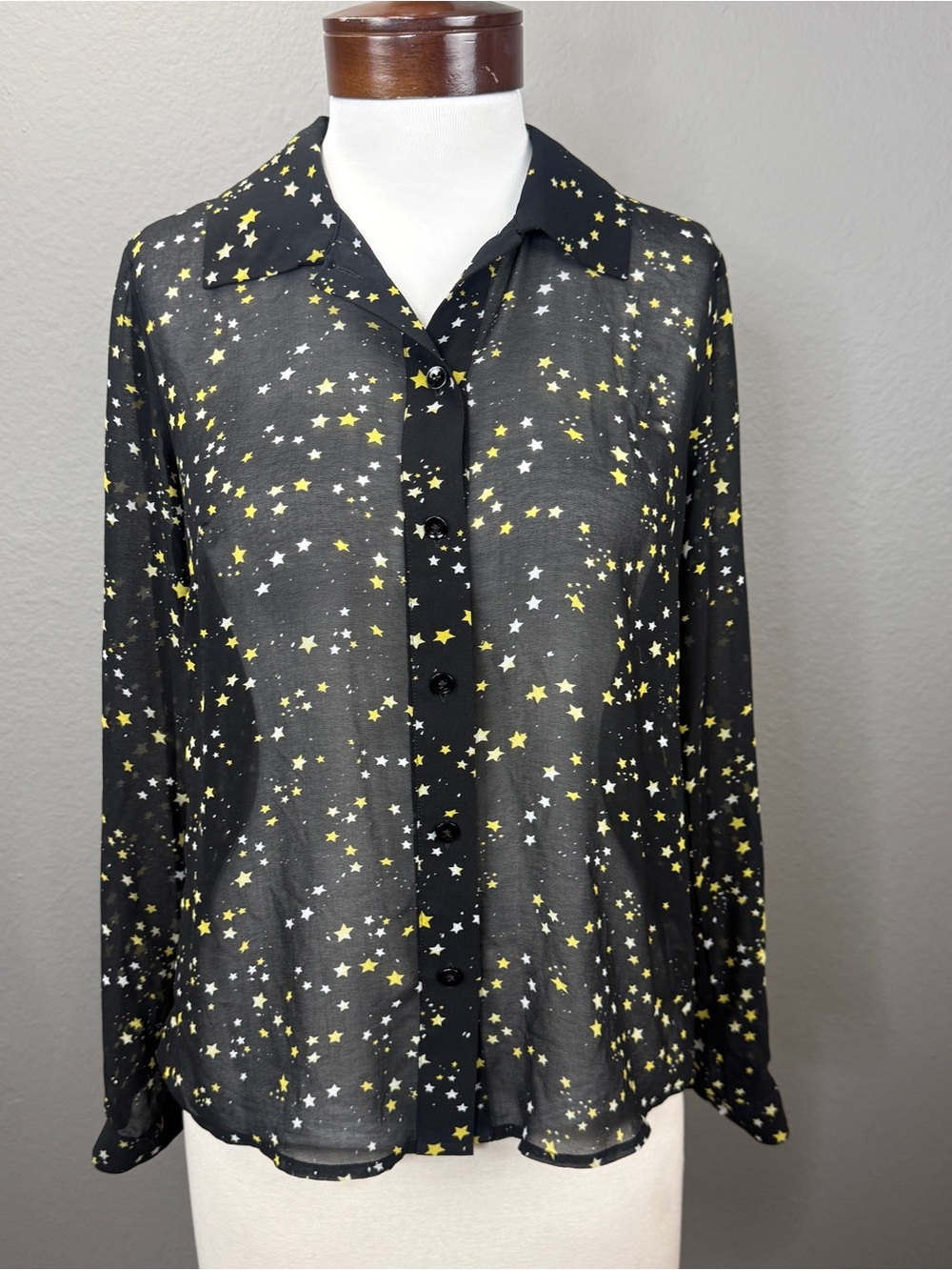 Cabi Black Sheer Gabi Galaxy Star Print Chiffon Blouse Top Sz XS Celestial